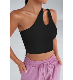 Kadın Siyah Tek Omuz Cut Out Detaylı Crop Top Bluz
