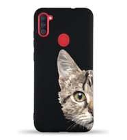 Samsung Galaxy M11 Uyumlu Lansman Kılıf Catface Tasarımlı İçi Kadife Kapak-Siyah (Şeffaf)
