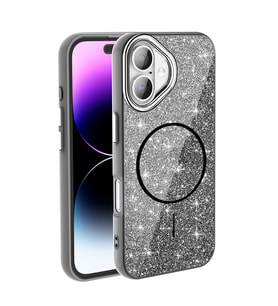 Apple iPhone 16 Uyumlu Kılıf M-safe Şarj Özellikli Parlayan Simli Zore Okso Kapak (Siyah)