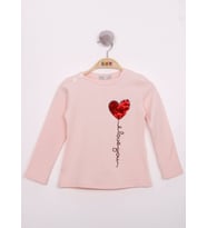Toontoy Kız Çocuk Göğsü Pul Nakışlı T-Shirt (Pudra)