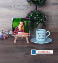 Teyzeye Doğum Günü Hediyesi Fotoğraflı Dekoratif Taş, Ahşap Altlıklı Türk Kahvesi Fincanı Hediye (Model 2)