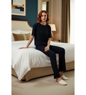 Kadın Fitilli Kaşkorse Bisiklet Yaka Kısa Kollu T shirt ve Pantolon Ev Giyim Seti Kaliteli