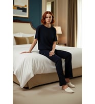 Kadın Fitilli Kaşkorse Bisiklet Yaka Kısa Kollu T shirt ve Pantolon Ev Giyim Seti Kaliteli