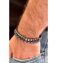 %100 Deri&Hematit Kombin Erkek Bileklik NET 22cm (Türk El Üretimi) (Mavi - Açık Gri)