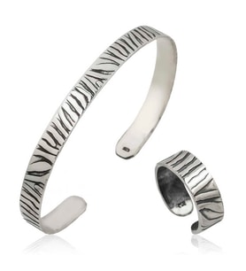 925 Ayar Gümüş Zebra Desenli Bileklik Ve Yüzük Set