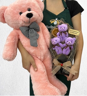 Kişiye Özel 3'lü Peluş Ayıcık Buketi ve Büyük Boy Pembe Peluş Ayıcık (Model 2)