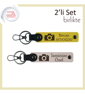 Deklanşöre Basanlar İçin, Kamera Temalı, Kişiye Özel 2’li Anahtarlık Hediyesi, Sarı-Pudra