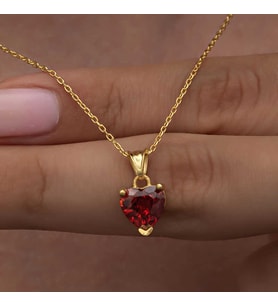 925 Ayar Gümüş Gold Kırmızı Taşlı Kalpli Kadın Kolye