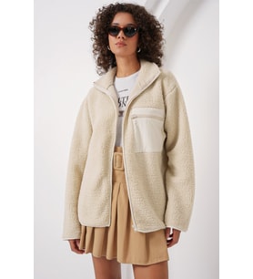 55446 Fermuarlı Oversize Peluş Ceket - Krem