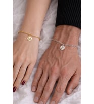925 Gümüş  Pul Harf Zincir Çift Bileklik (Gold)