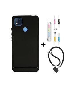Xiaomi Redmi 9c Kılıf Siyah Silikon+kablo Koruyucu+boyun Askısı