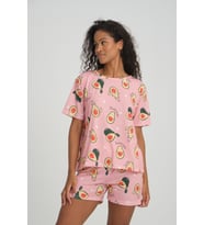 iLove Kısa Kollu Şort Kadın Pijama Takımı Örme Kumaş Pamuklu Desenli SüperSoft (Pudra)