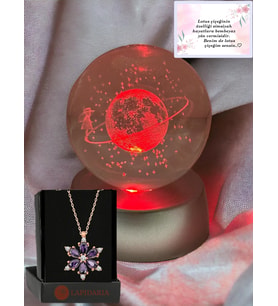 Satürn Temalı Işıklı 3d Led Işıklı Cam Küre Ve Gümüş Renk Kaplama Lotus Kolye Hediye