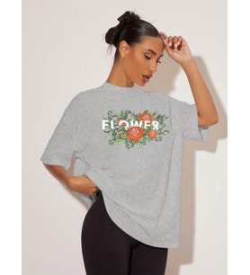 Unisex Flowers Çiçek Tasarım Basklı Tshirt (Gri)