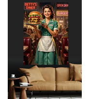 Burger Servis Eden Retro Garson Dekoratif Kanvas - Mdf Ahşap Tablo