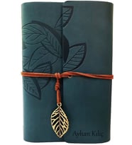 Mobgift Kişiye Özel Yaprak Tasarımlı Retro Deri Defter + Kalem Hediyeli (Turkuaz)