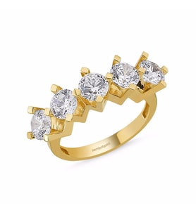 5 Taş Yüzük Sarı Altın Swarovski