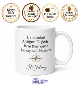 Babamdan Aldığım Değerler Yazılı Kupa Bardak Babalar Günü Hediye