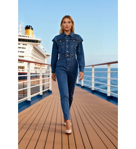 Kadın Ceket Yaka Uzun Kol Düz Desen Regular Kalıp 100 Denim Tulum Dikiş Detaylı Spor %100 Pamuk