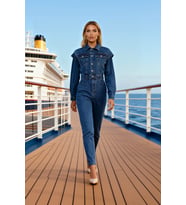 Kadın Ceket Yaka Uzun Kol Düz Desen Regular Kalıp 100 Denim Tulum Dikiş Detaylı Spor %100 Pamuk