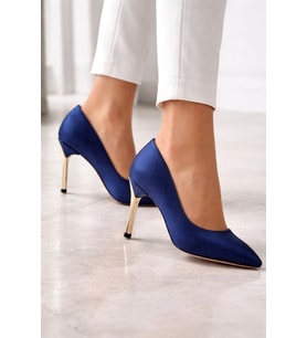 Kadın Lacivert Saten Gold Ökçe Sivri Burun İnce Topuklu Stiletto (Karışık)