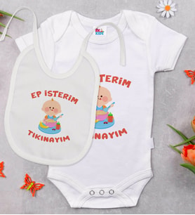 BK Kids Ep İsterim Tasarımlı Beyaz Bebek Body Zıbın ve Mama Önlüğü Hediye Seti-5