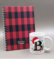 Kişiye Özel Kırmızı Ekose Desenli Defter & Yılbaşı Harf Kupa Hediye Seti