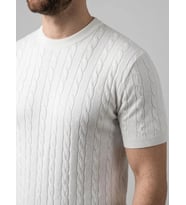 Erkek Yazlık Triko Dokuma Tişört Kısa Kol Bisiklet Yaka Örgü Desenli T-Shirt - Beyaz