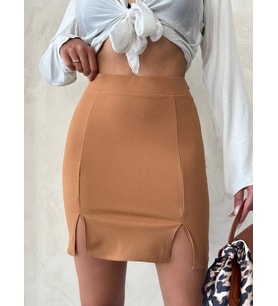 Çift yırtmaçlı etek camel s25910