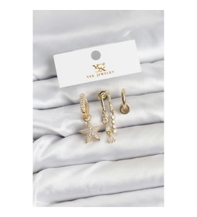 Mey İthalat® Pirinç Gold Renk Zirkon Taşlı Yıldız Vintage Model YSX Trio Küpe Seti