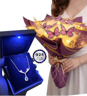 Işıklı Kutusunda 925 Ayar Gümüş Kolye ve Led Işıklı Kelebek Buketi Hediye Seti (Model 1)