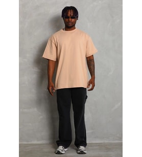 Erkek Düz Yazlık Kısa Kol Tişört Bisiklet Yaka Oversize T-Shirt - Bej
