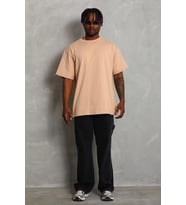 Erkek Düz Yazlık Kısa Kol Tişört Bisiklet Yaka Oversize T-Shirt - Bej