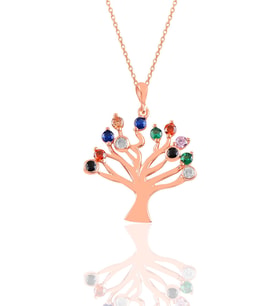 Söğütlü Silver Gümüş rose renkli taşlı soy ağacı kolye