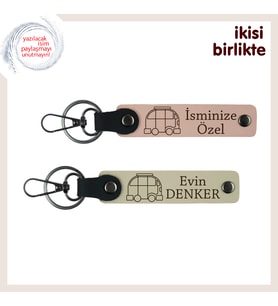 Yol Arkadaşlığına Vurgu Yapan Set, Kişisel Karavan Anahtarlık 2’li, İsim Yazılı, Yavru Ağzı-S Kahve
