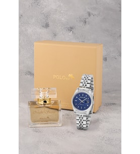 Polo Air Mercek Takvimli Kadın Kol Saati Ve 55 ml Parfüm Hediyelik Kutusunda Set Gümüş Lacivert Renk ST-2196S5