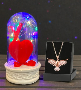Renkli Led Işıklı Biblolu Fanus ve Zümrüdü Anka Kuşu Kolye Premium Hediye Seti (Model 4)