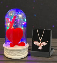 Renkli Led Işıklı Biblolu Fanus ve Zümrüdü Anka Kuşu Kolye Premium Hediye Seti (Model 4)