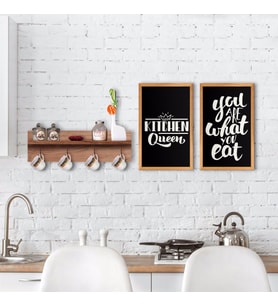 BK Home Doğal Ahşap Raflı Dekoratif Fincan Askılığı ve 2’li Mutfak Konseptli Ahşap Tablo-2 (Beyaz)