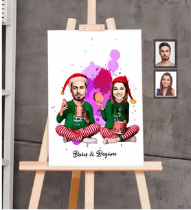 Kişiye Özel Yılbaşı Sevgili Karikatürlü Kanvas Tablo 20x30 Model-5