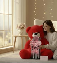Premium 90 cm Peluş Ayı ve Silindir Kutuda, Kalpli Balonlu 6’lı Pembe Ayıcık Buketi (Kırmızı)