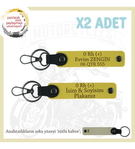 Biker Tarzına Uygun İsim Plaka, 0 Rh (+) Kan Grubu Yazılı Özel Anlamlı Hediye x2 Anahtarlık, Sarı-SK (Çok Renkli)