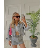Kadın Denim İnci Detaylı Etek Ve Ceket İkili Takım Antrasit