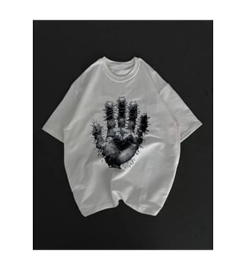 Unisex Bisiklet Yaka Baskılı Oversize T-Shirt - Beyaz