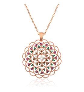 Gümüş Rose Geometrik Desenli Madalyon Kolye