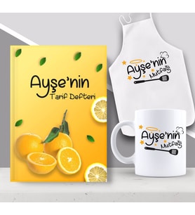 BK Gift Kişiye Özel İsimli Mutfak Önlüğü Kupa ve Yemek Tarif Defteri Hediye Seti-7 (Model 1)