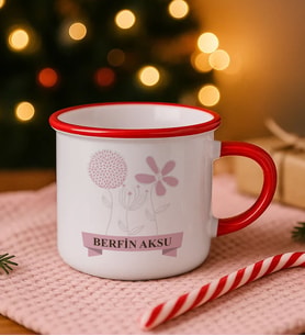 BK Gift Kişiye Özel Çiçek Tasarımlı Kırmızı Emaye Kupa Bardak -18, Arkadaşa Hediye, Sevgiliye Hediye