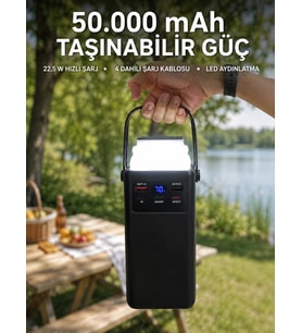 Led Aydınlatmalı Powerbank 50.000 Mah 22,5 W Hızlı Şarj 4 Dahili Kablolu Dijital Pil Göstergeli Bata