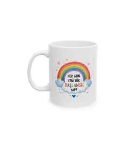 Her Gün Yeni Bir Başlangıç Yap Gökkuşağı Motivasyon Porselen Kahve Kupası 330 ml KF30052612