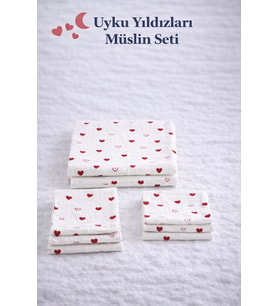 More Home % 100 Pamuk Müslin Örtü, Bebek Battaniyesi 5 Parça Set Kalp Desenli Beyaz Kırmızı